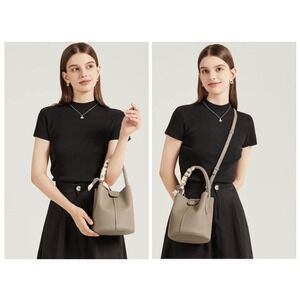 Bostanten Bucket Bag Small Taupe Pebbled Vegan Leather Crossbody Scarf Accessory